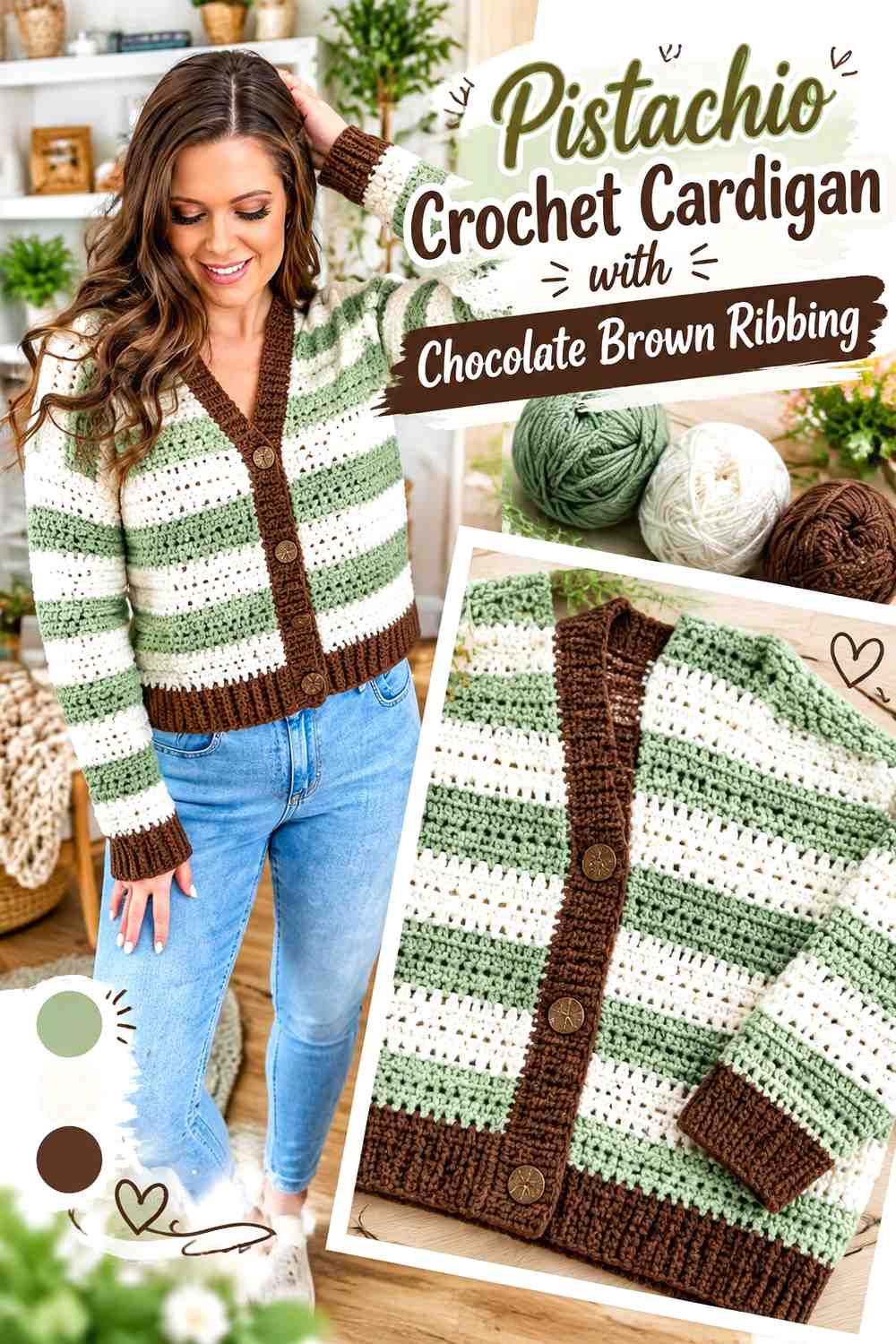 2. Pistachio Crochet Cardigan With Chocolate Brown Ribbing