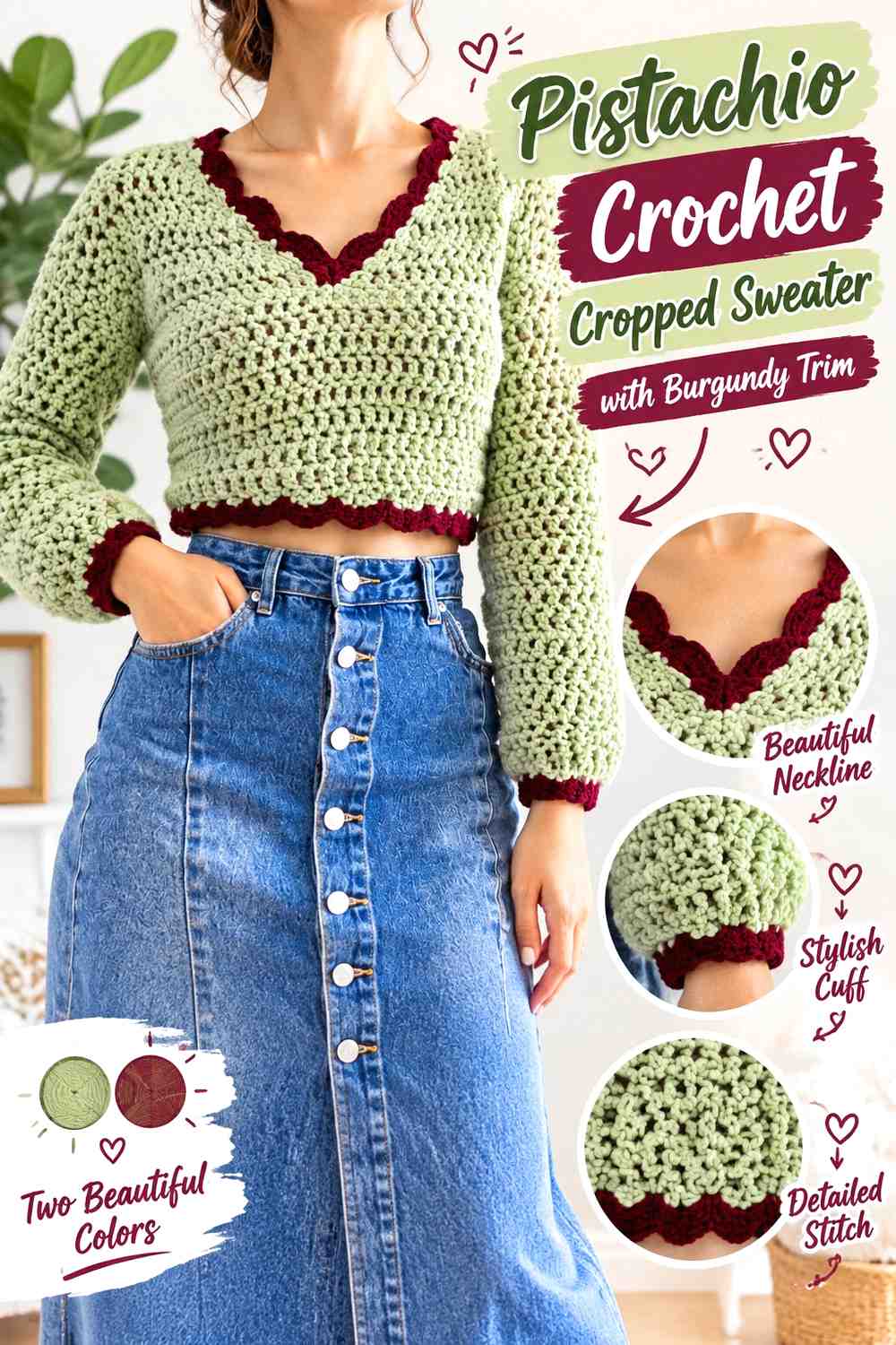 12. Pistachio Crochet Cropped Sweater With Burgundy Trim