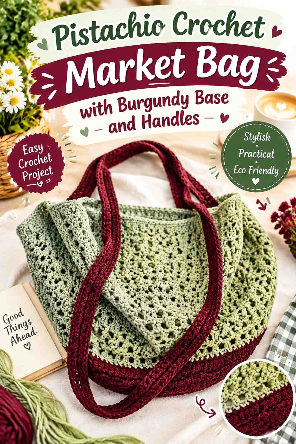 10. Pistachio Crochet Market Bag With Burgundy Base And Handles