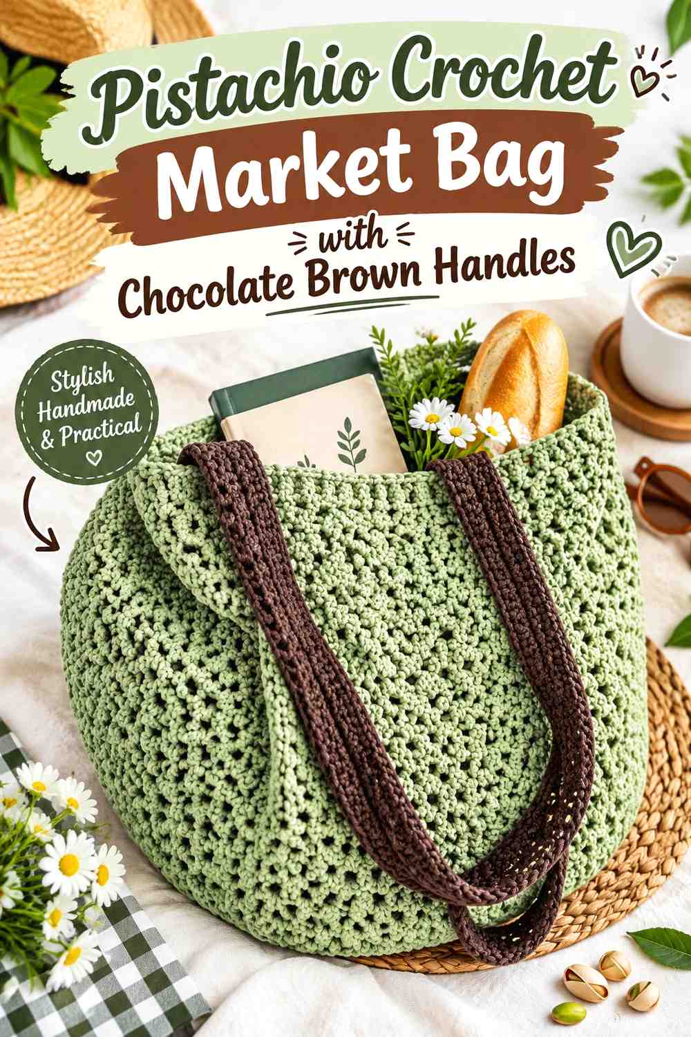 9. Pistachio Crochet Market Bag With Chocolate Brown Handles