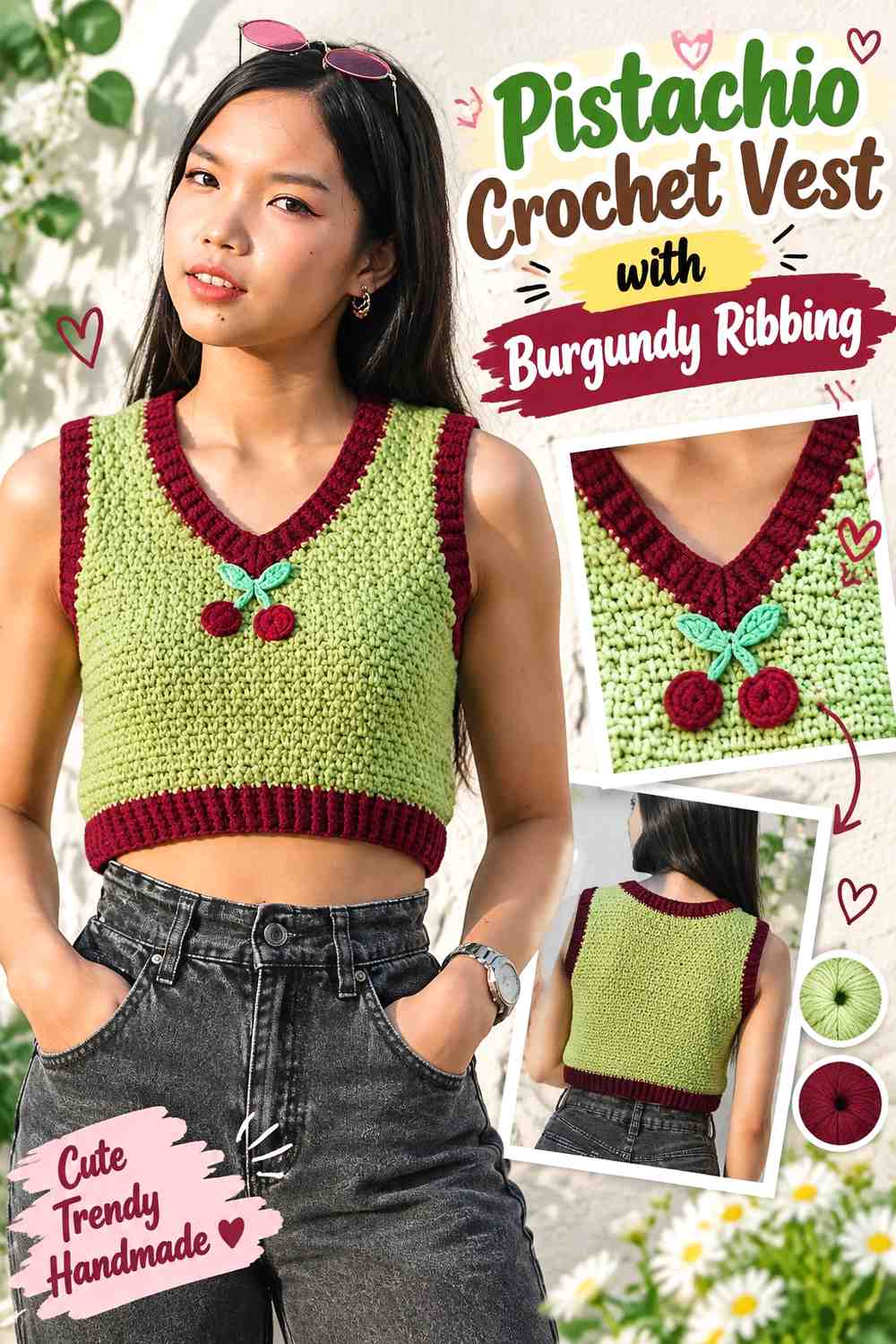 6. Pistachio Crochet Vest With Burgundy Ribbing