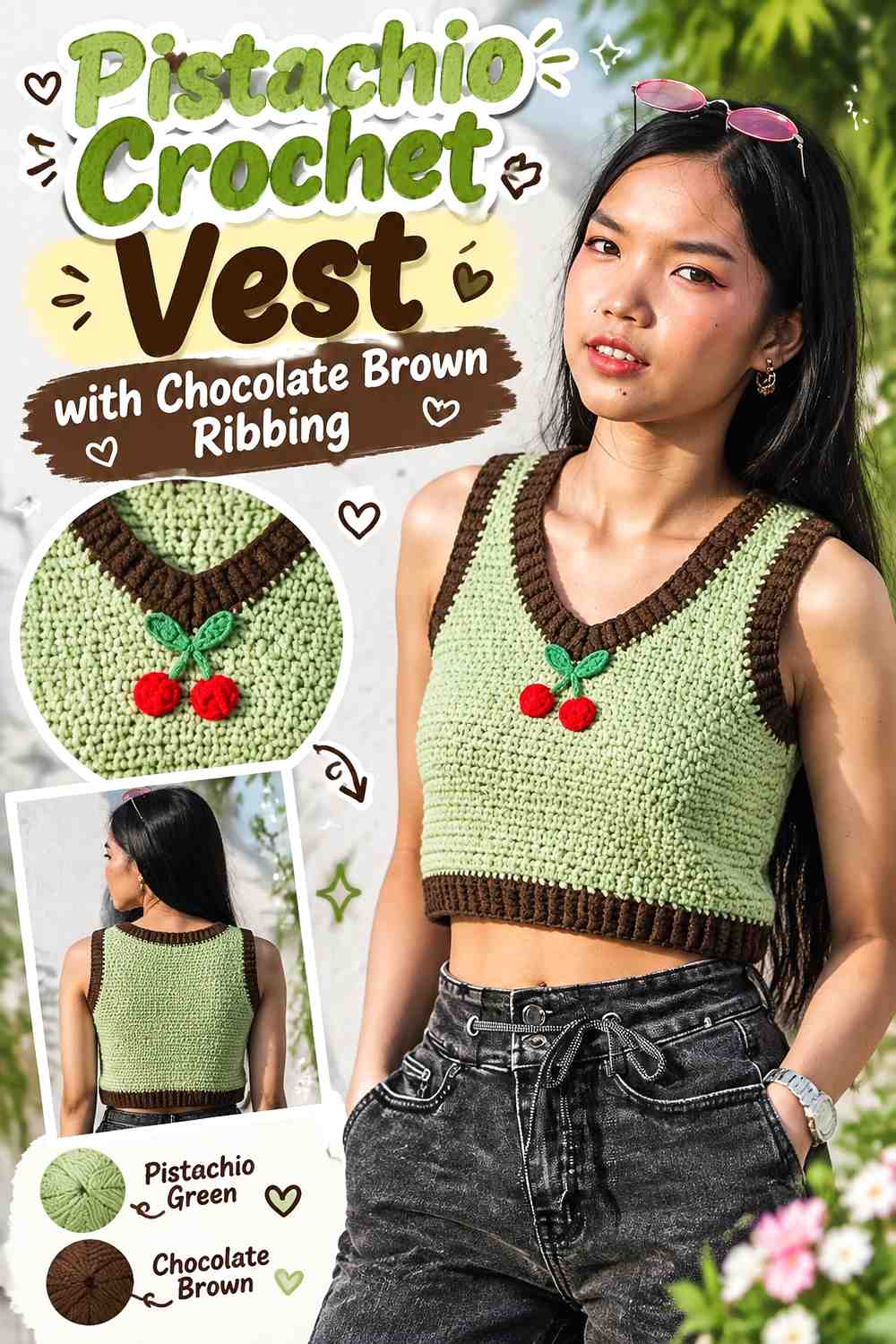 8. Pistachio Crochet Vest With Chocolate Brown Ribbing