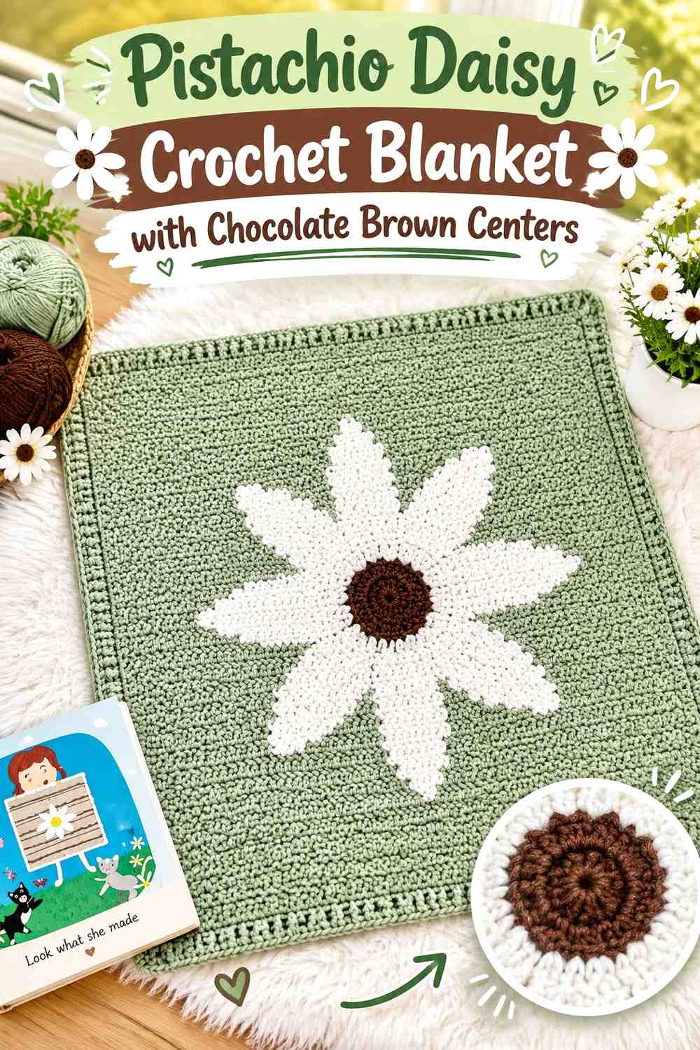 4. Pistachio Daisy Crochet Blanket With Chocolate Brown Centers