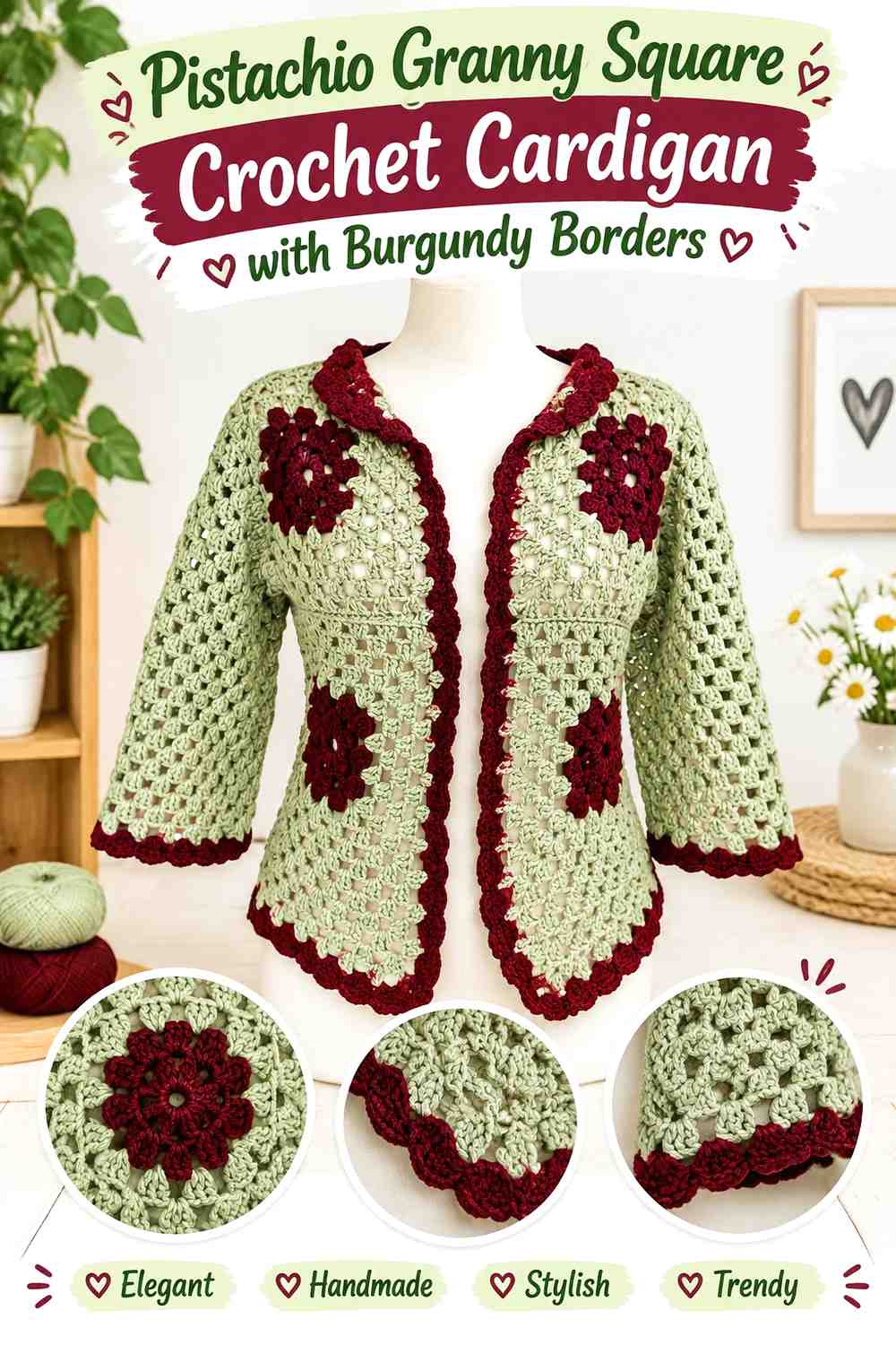14. Pistachio Granny Square Crochet Cardigan With Burgundy Borders