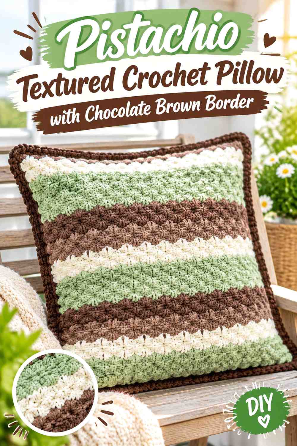 7. Pistachio Textured Crochet Pillow With Chocolate Brown Border