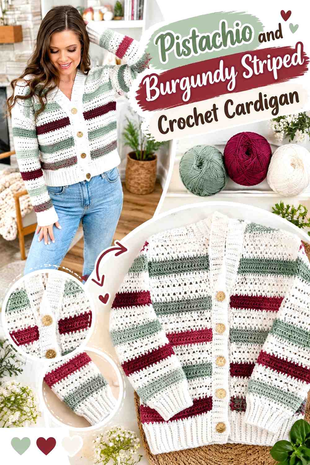 2. Pistachio And Burgundy Striped Crochet Cardigan