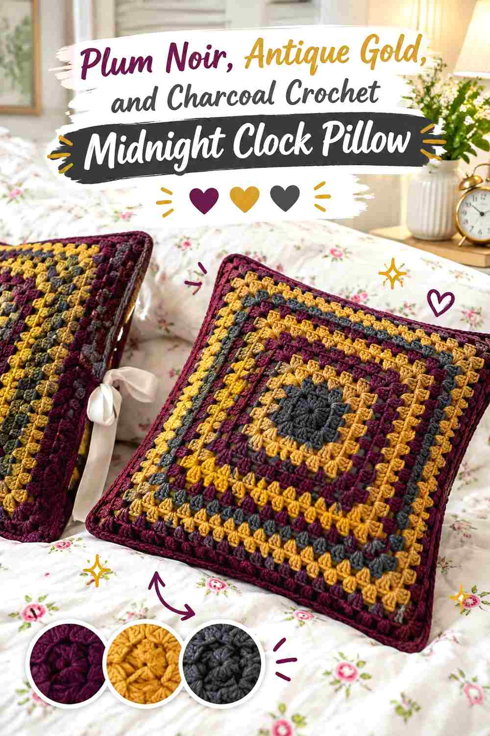6. Plum Noir Antique Gold And Charcoal Crochet Midnight Clock Pillow