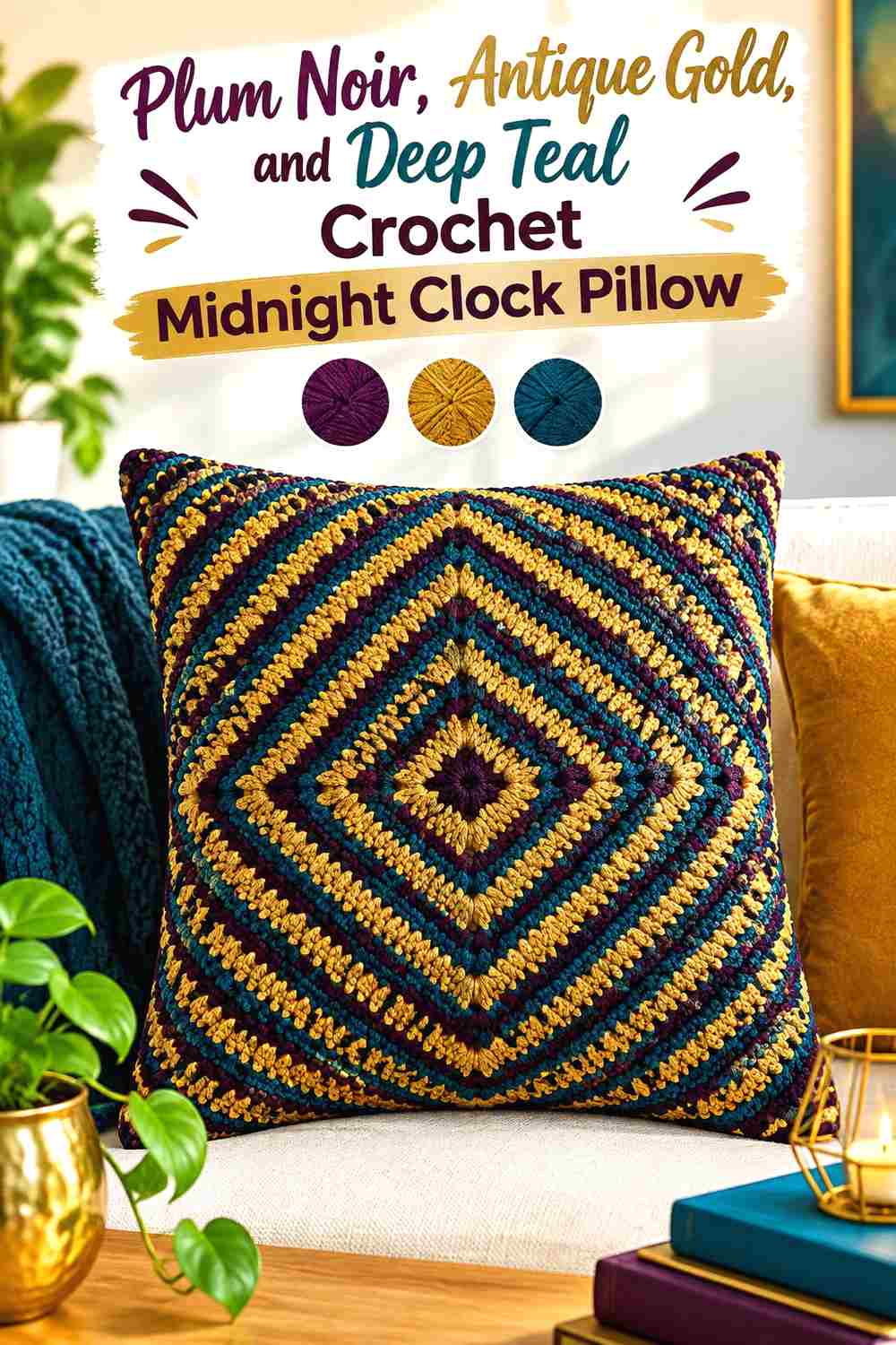 9. Plum Noir Antique Gold And Deep Teal Crochet Midnight Clock Pillow