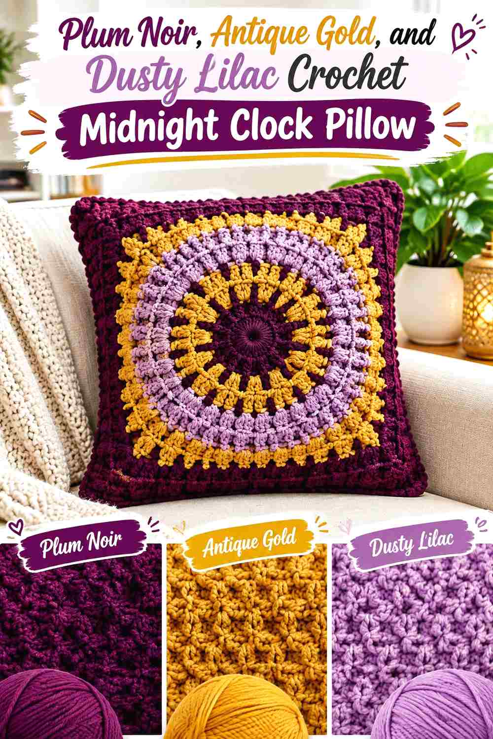 5. Plum Noir Antique Gold And Dusty Lilac Crochet Midnight Clock Pillow