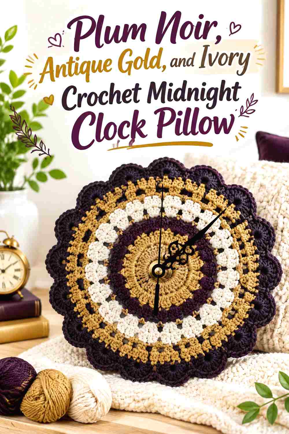 2. Plum Noir Antique Gold And Ivory Crochet Midnight Clock Pillow