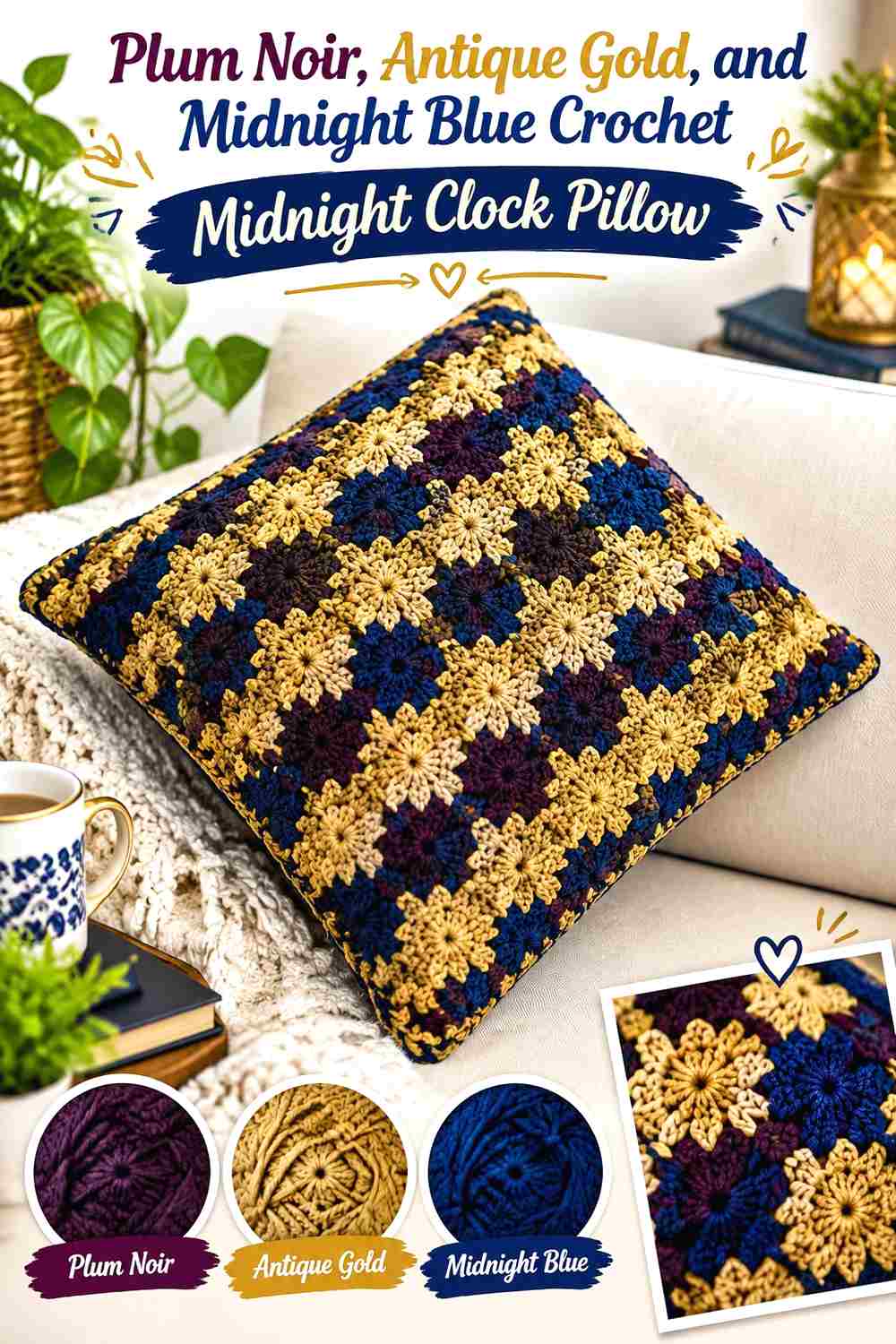 8. Plum Noir Antique Gold And Midnight Blue Crochet Midnight Clock Pillow