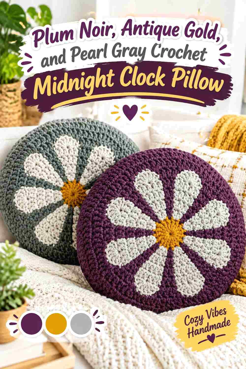 10. Plum Noir Antique Gold And Pearl Gray Crochet Midnight Clock Pillow