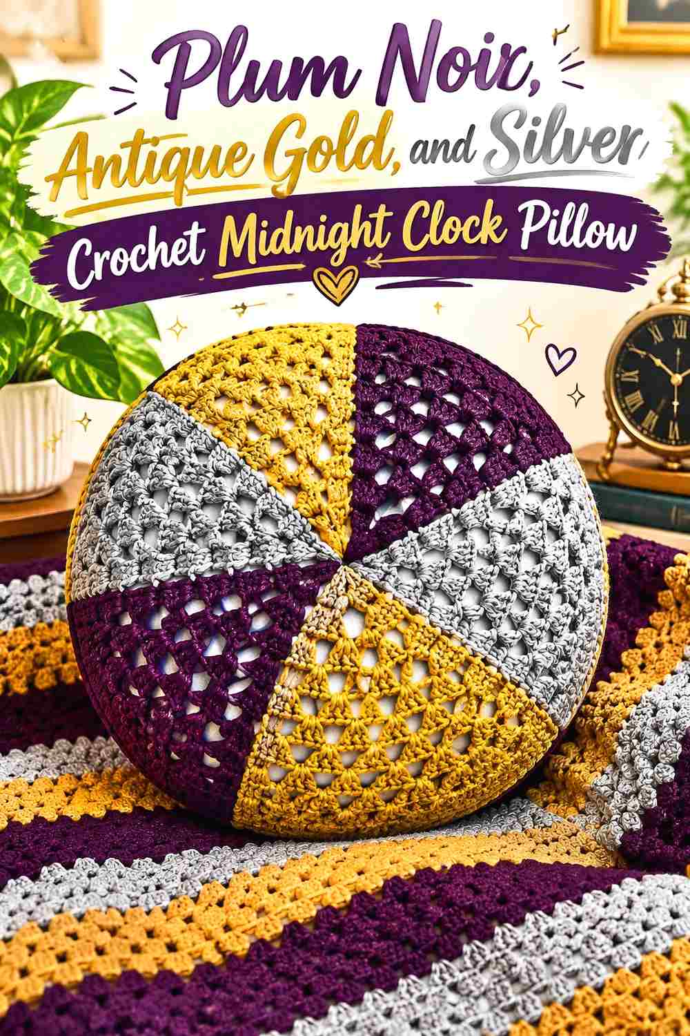 4. Plum Noir Antique Gold And Silver Crochet Midnight Clock Pillow