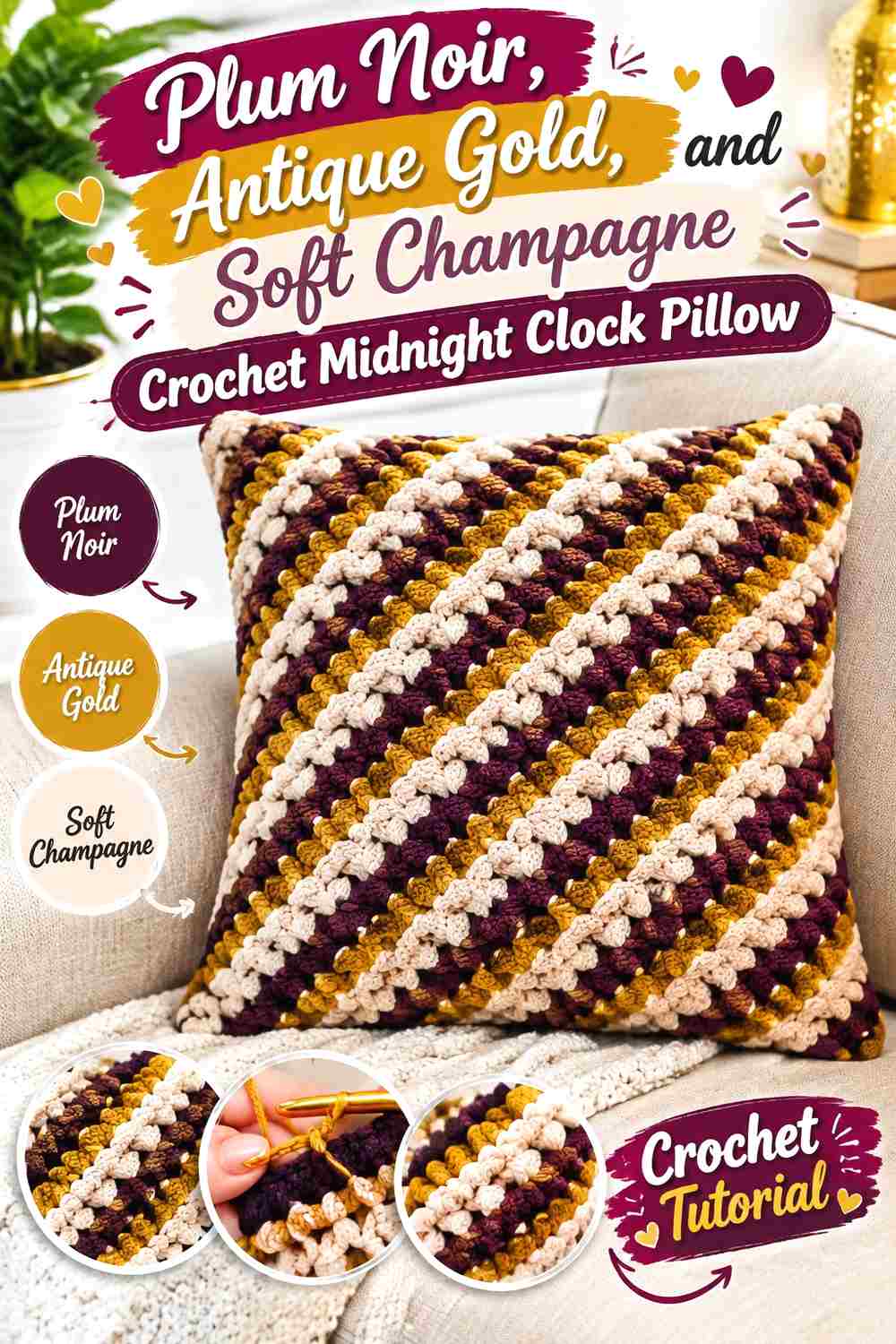 14. Plum Noir Antique Gold And Soft Champagne Crochet Midnight Clock Pillow