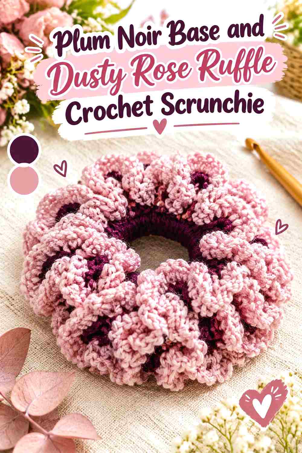 1. Plum Noir Base And Dusty Rose Ruffle Crochet Scrunchie