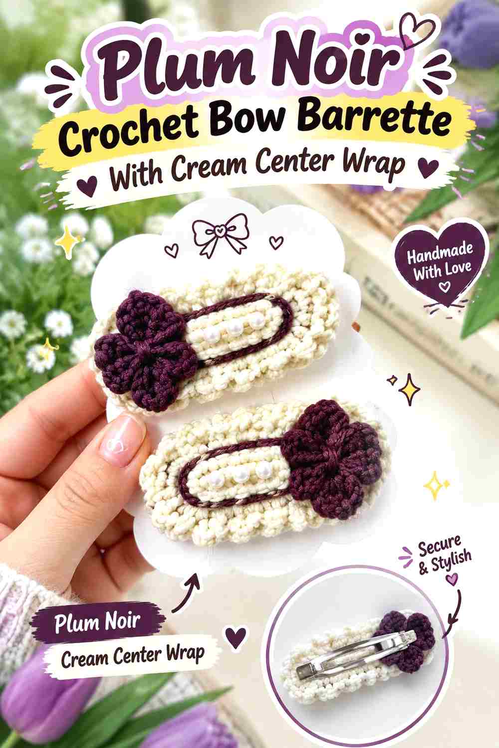 1. Plum Noir Crochet Bow Barrette With Cream Center Wrap