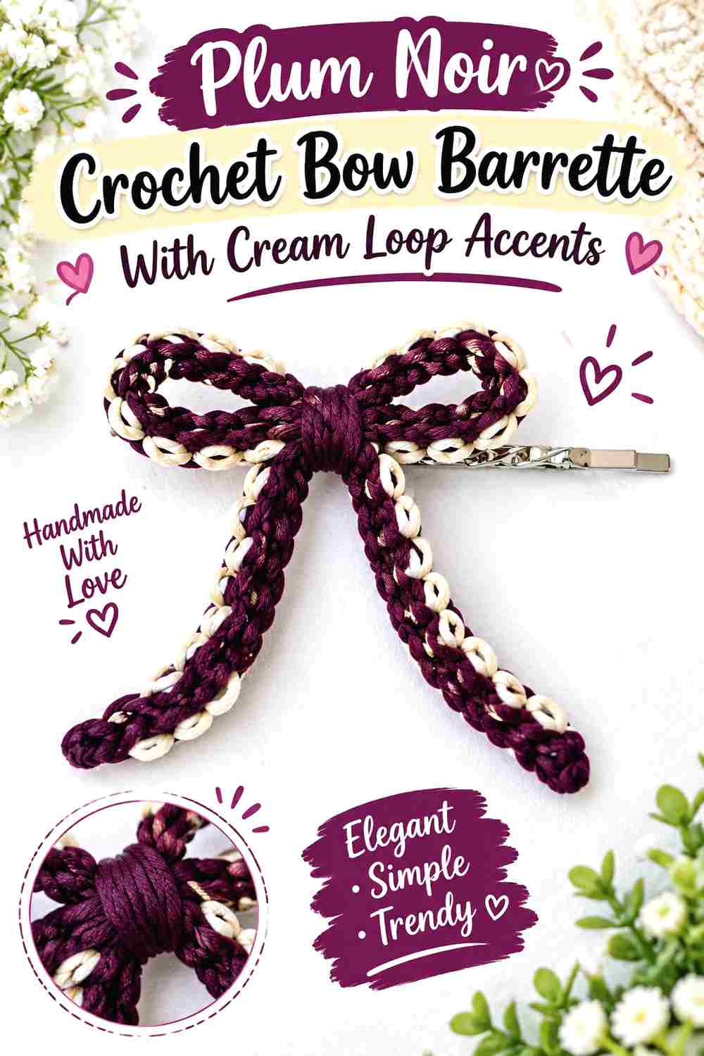 9. Plum Noir Crochet Bow Barrette With Cream Loop Accents