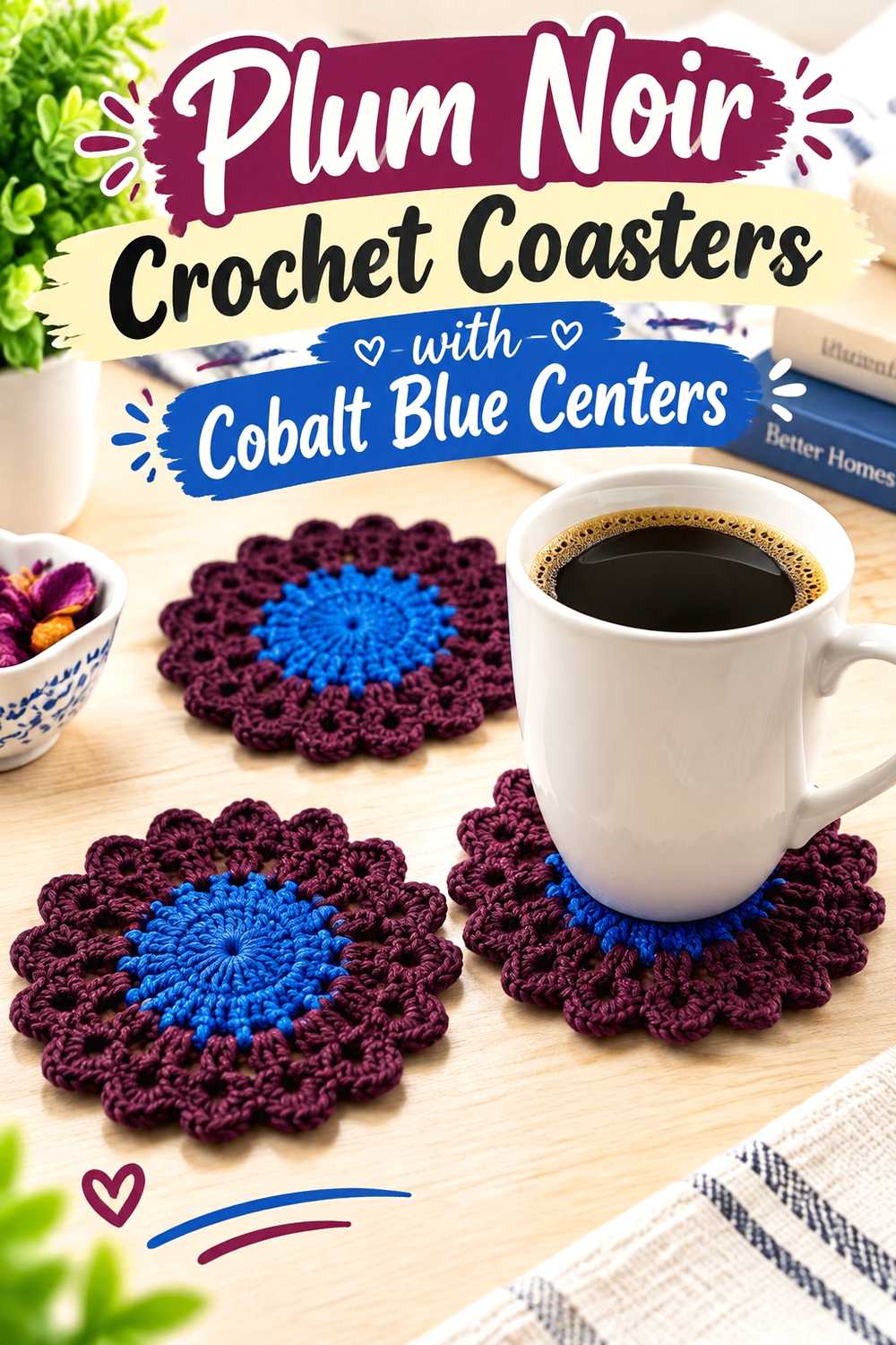 6. Plum Noir Crochet Coasters With Cobalt Blue Centers