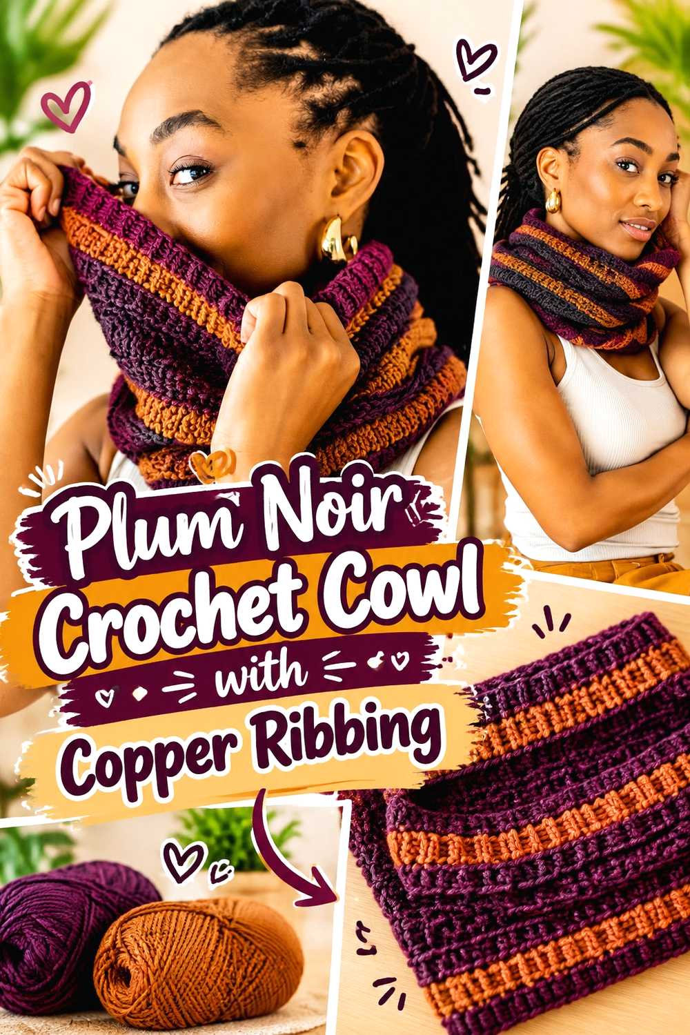 6. Plum Noir Crochet Cowl With Copper Ribbing