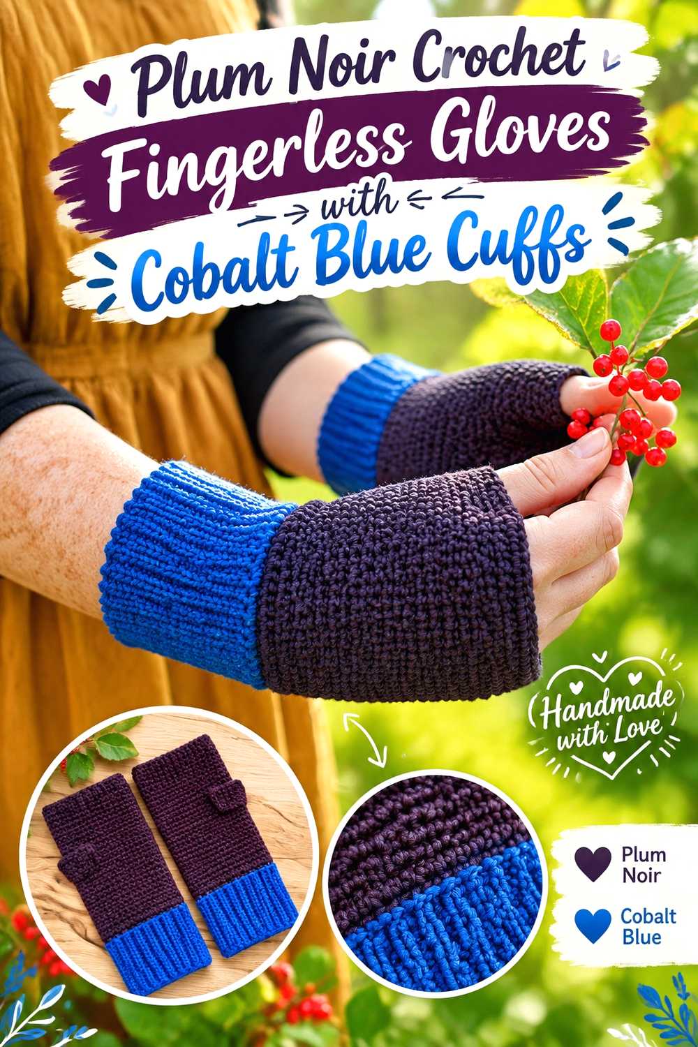 12. Plum Noir Crochet Fingerless Gloves With Cobalt Blue Cuffs
