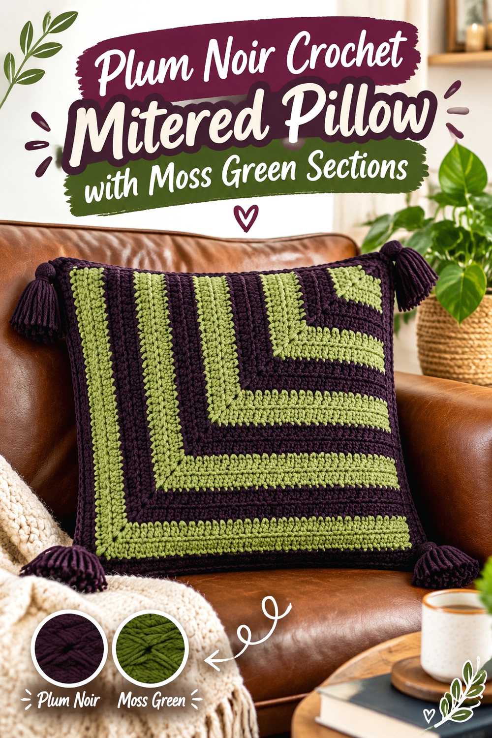 10. Plum Noir Crochet Mitered Pillow With Moss Green Sections
