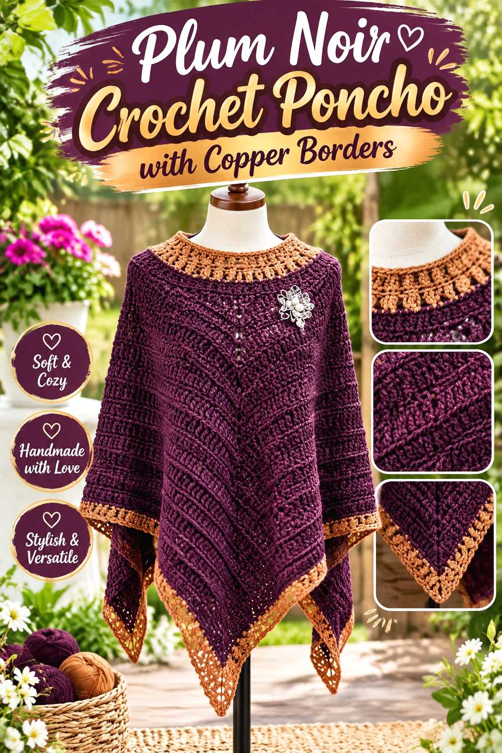 12. Plum Noir Crochet Poncho With Copper Borders