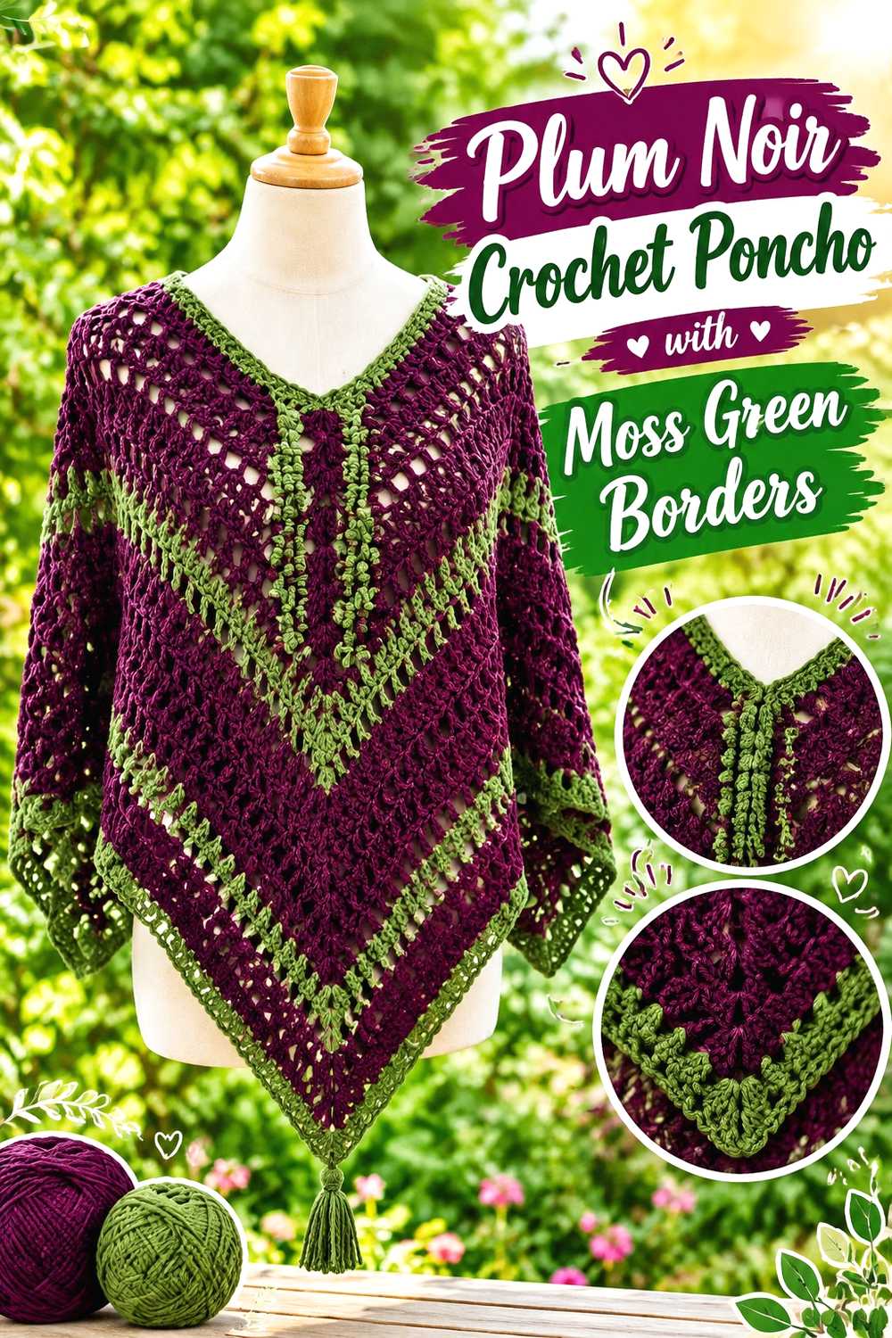 12. Plum Noir Crochet Poncho With Moss Green Borders