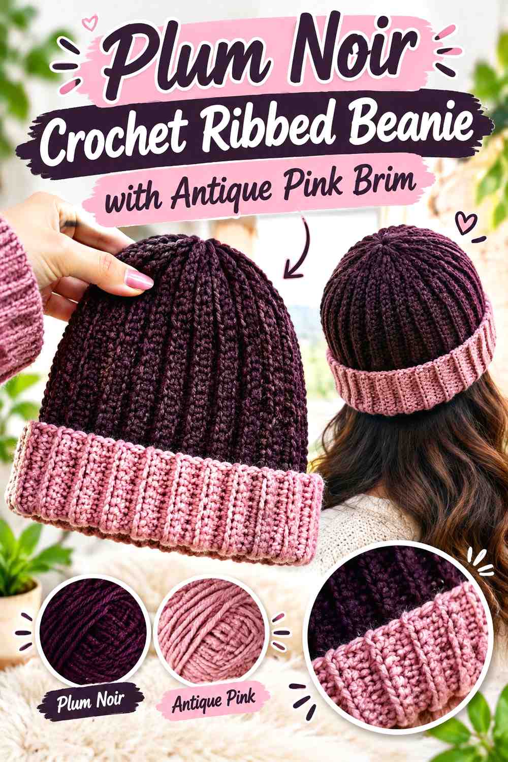 6. Plum Noir Crochet Ribbed Beanie With Antique Pink Brim