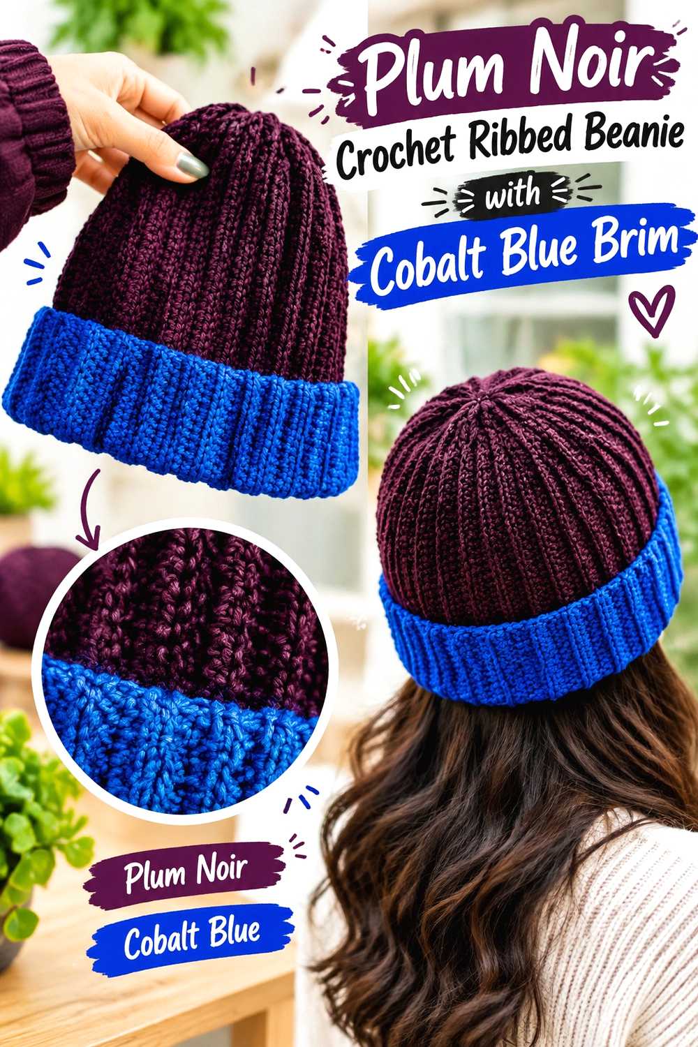 2. Plum Noir Crochet Ribbed Beanie With Cobalt Blue Brim