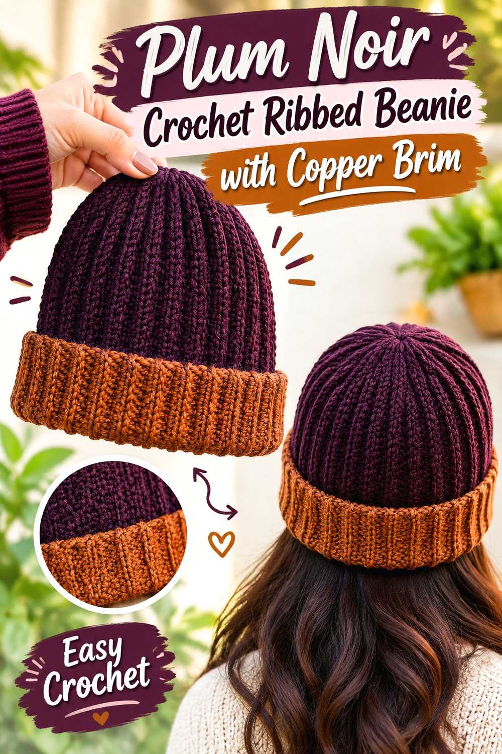 3. Plum Noir Crochet Ribbed Beanie With Copper Brim