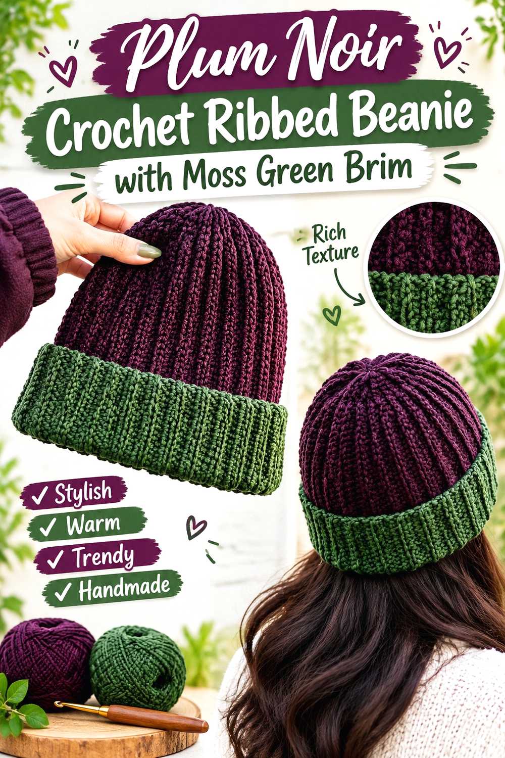 3. Plum Noir Crochet Ribbed Beanie With Moss Green Brim