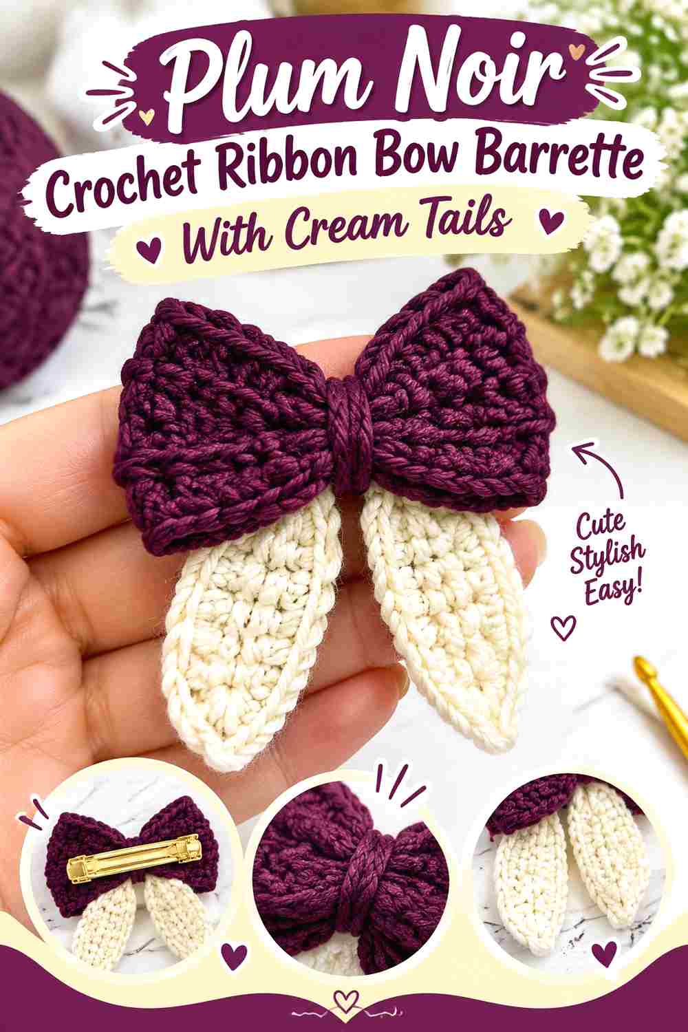 4. Plum Noir Crochet Ribbon Bow Barrette With Cream Tails