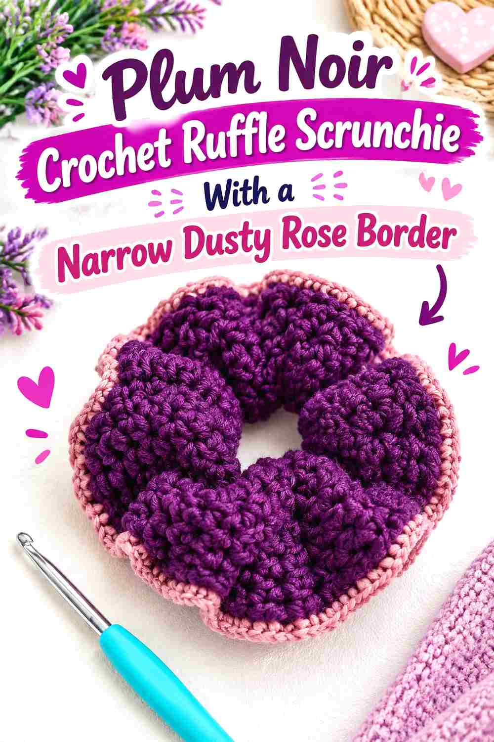 8. Plum Noir Crochet Ruffle Scrunchie With A Narrow Dusty Rose Border