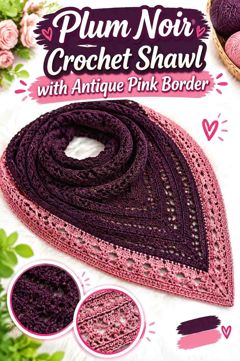 11. Plum Noir Crochet Shawl With Antique Pink Border
