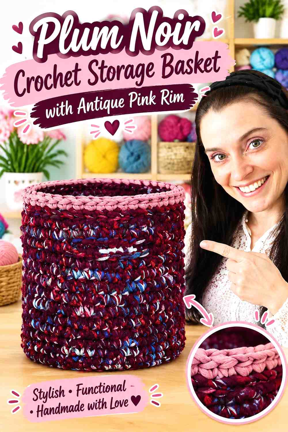 12. Plum Noir Crochet Storage Basket With Antique Pink Rim
