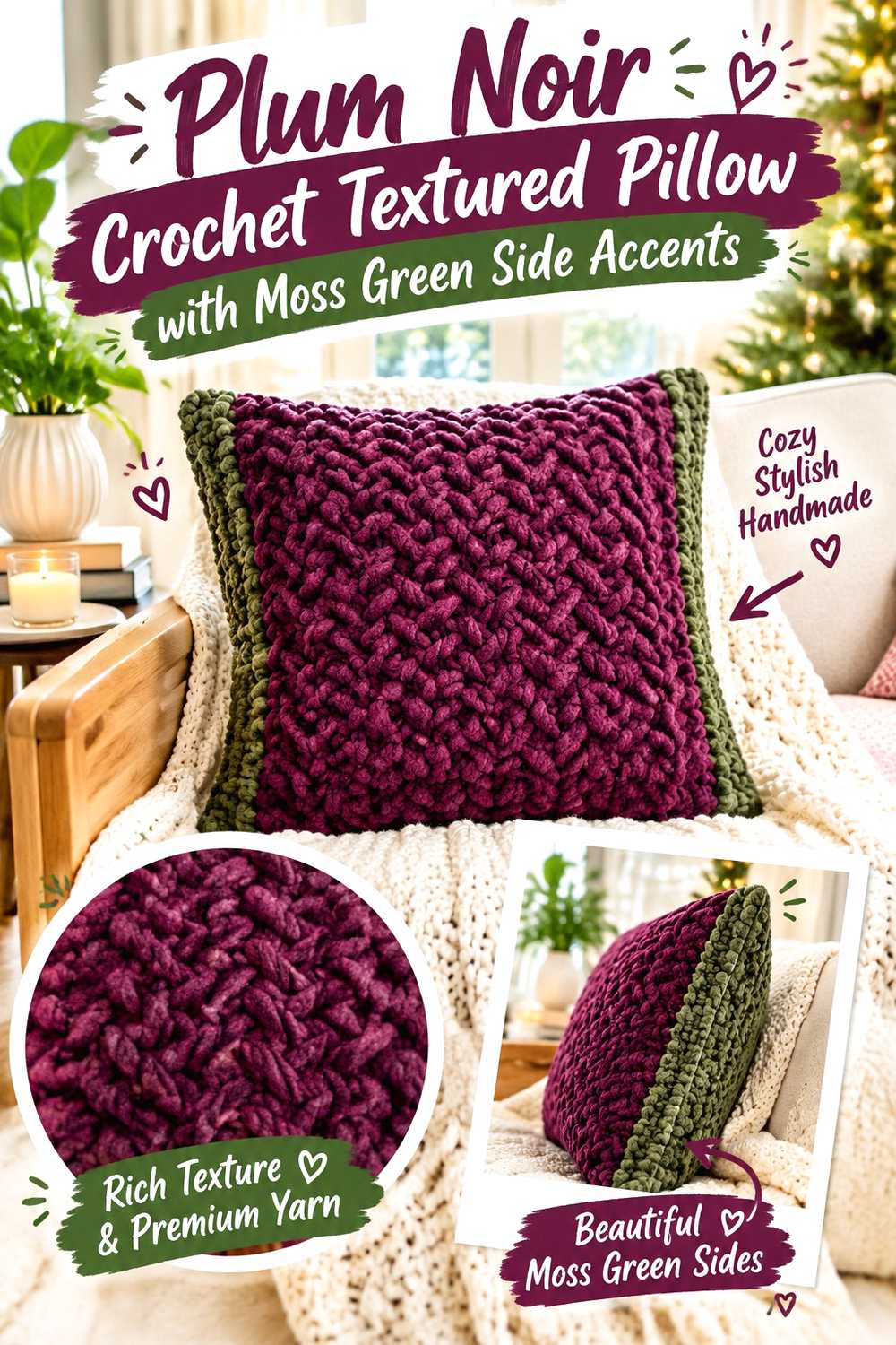 14. Plum Noir Crochet Textured Pillow With Moss Green Side Accents