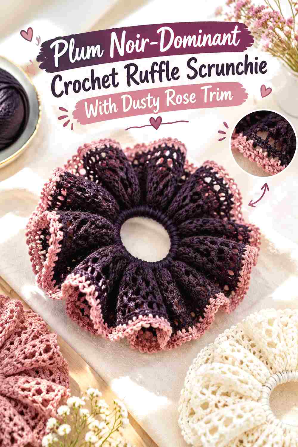 3. Plum Noir Dominant Crochet Ruffle Scrunchie With Dusty Rose Trim