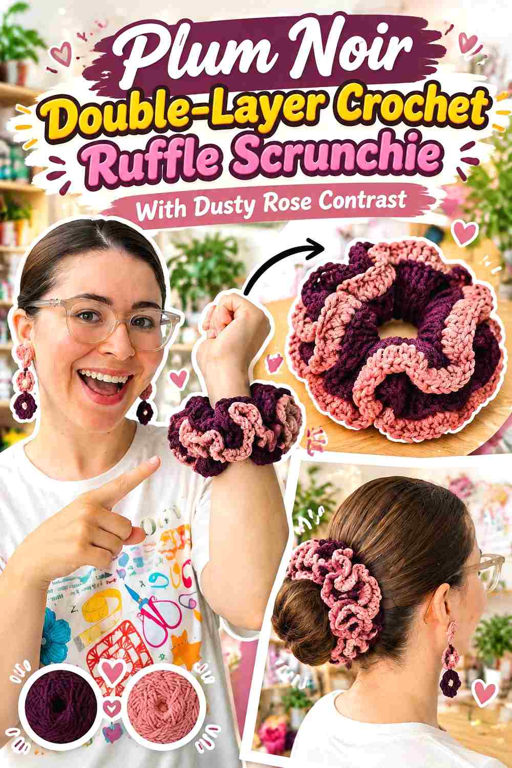 6. Plum Noir Double Layer Crochet Ruffle Scrunchie With Dusty Rose Contrast
