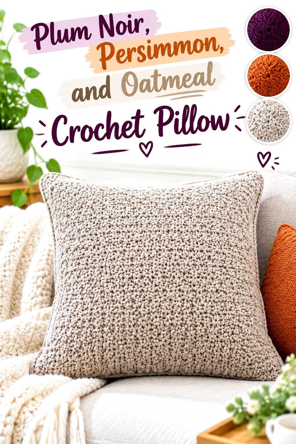 3. Plum Noir Persimmon And Oatmeal Crochet Pillow