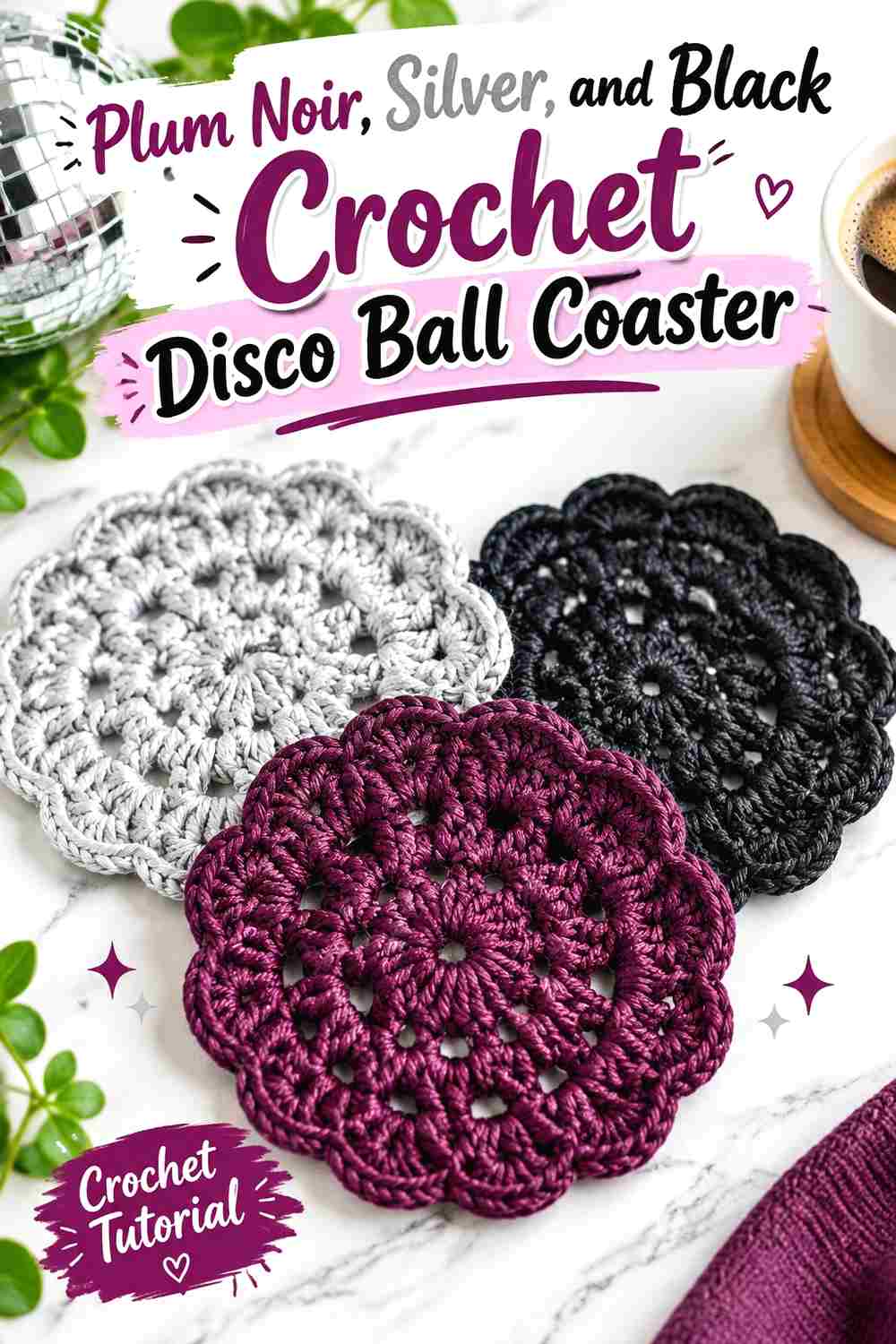 2. Plum Noir Silver And Black Crochet Disco Ball Coaster
