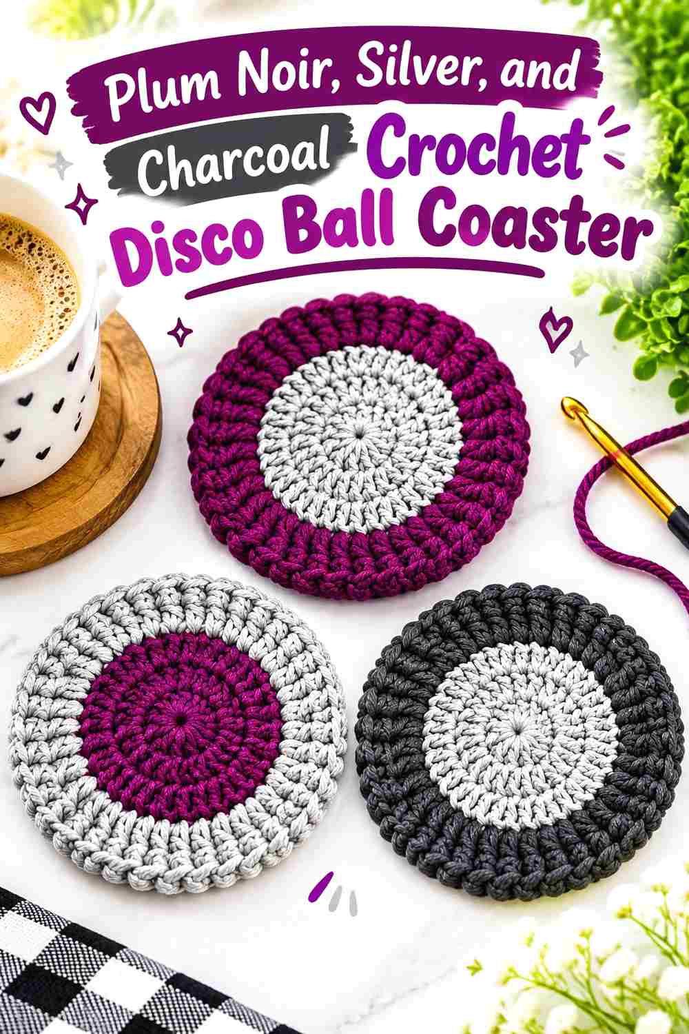 7. Plum Noir Silver And Charcoal Crochet Disco Ball Coaster