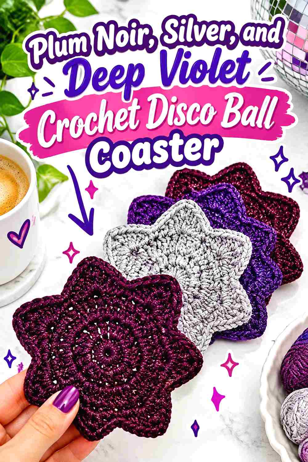10. Plum Noir Silver And Deep Violet Crochet Disco Ball Coaster
