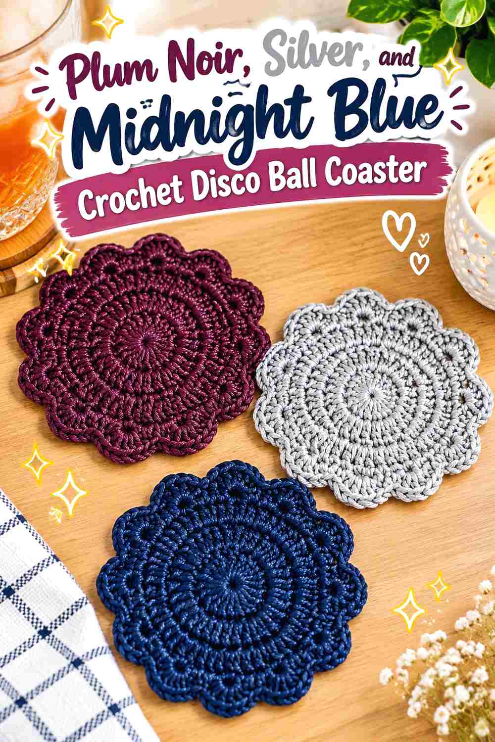 5. Plum Noir Silver And Midnight Blue Crochet Disco Ball Coaster
