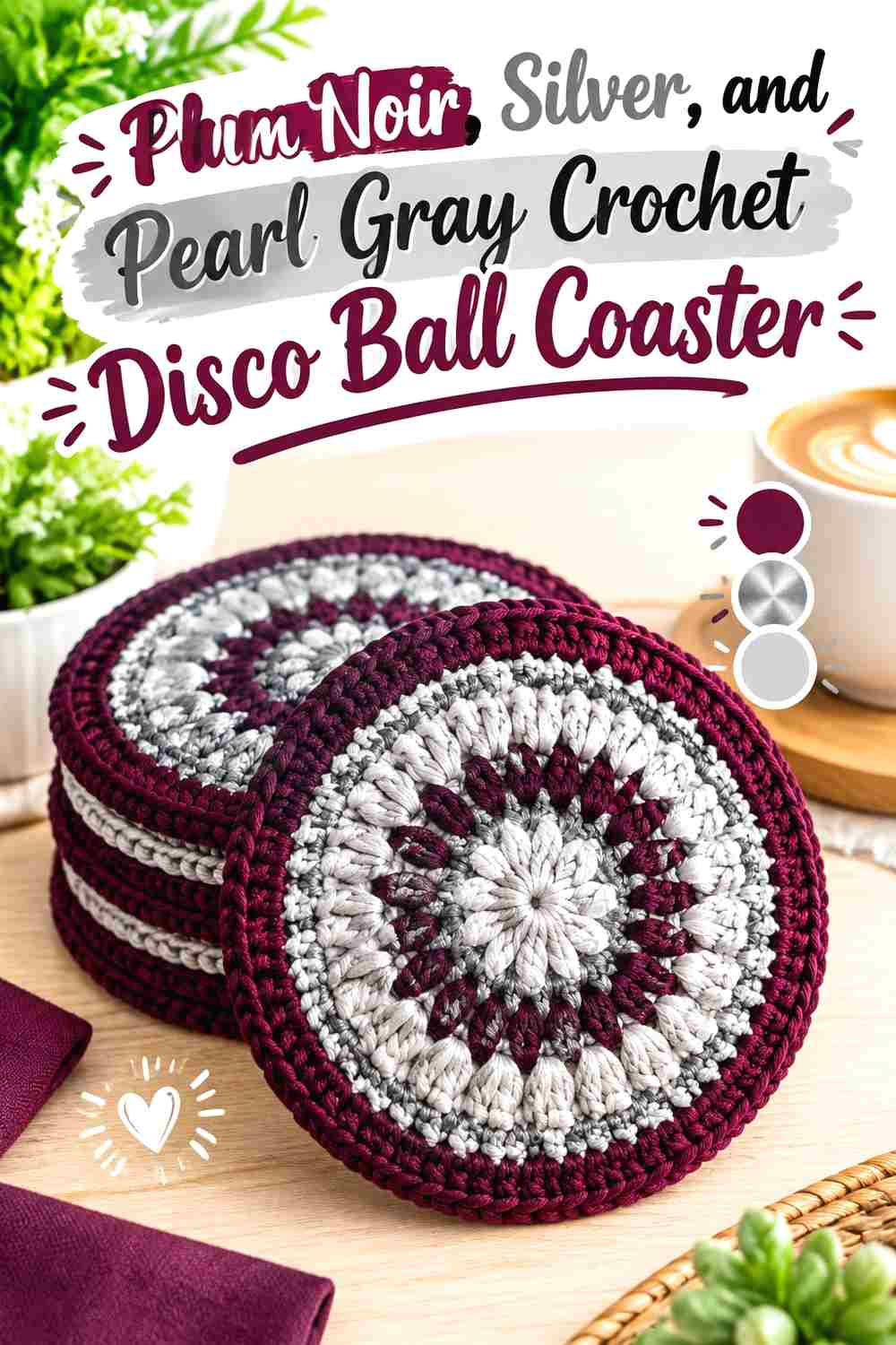 3. Plum Noir Silver And Pearl Gray Crochet Disco Ball Coaster