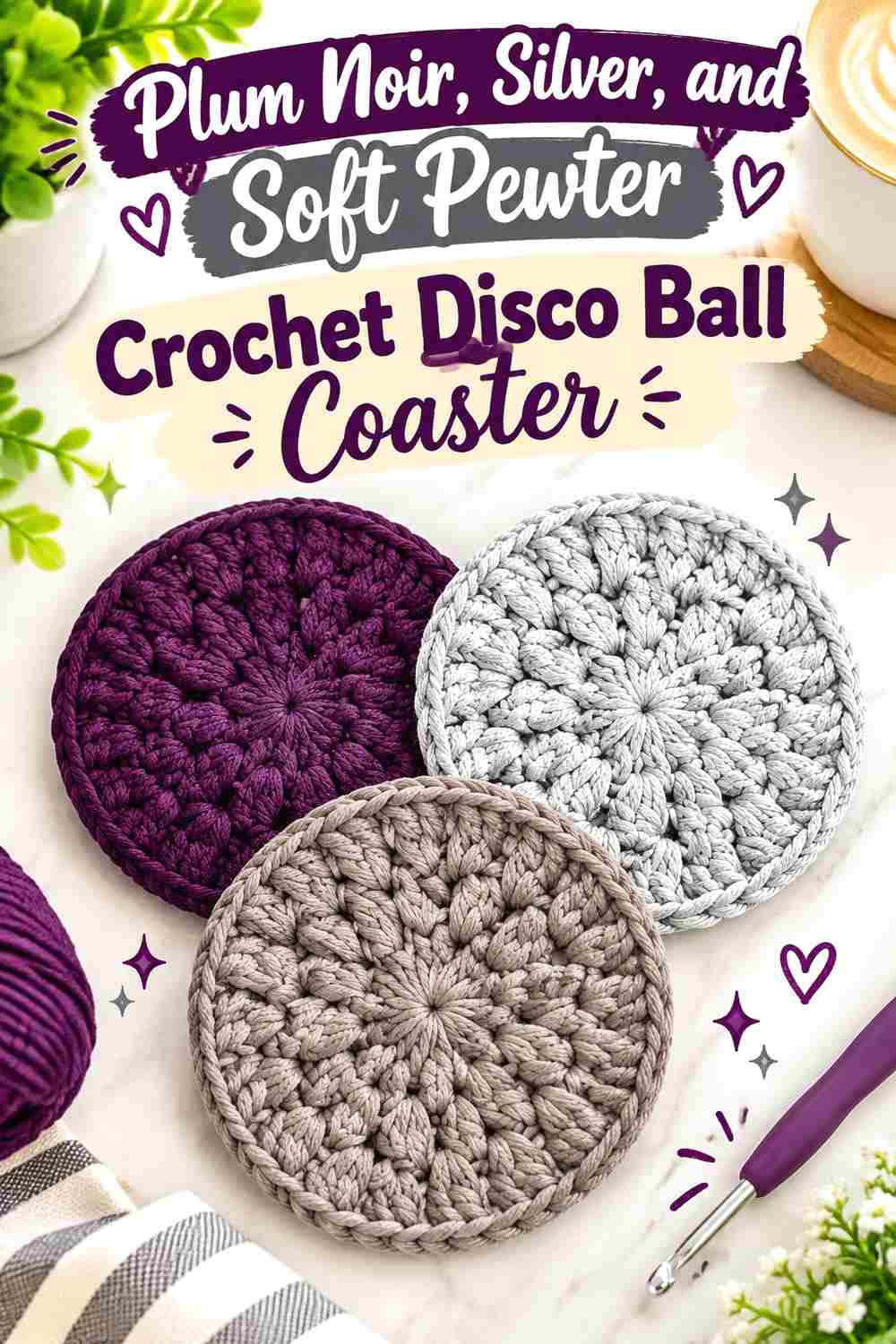 12. Plum Noir Silver And Soft Pewter Crochet Disco Ball Coaster