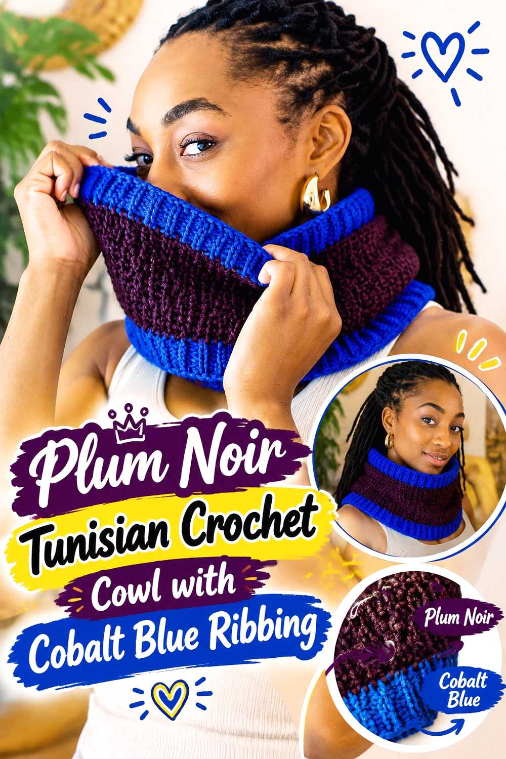 18. Plum Noir Tunisian Crochet Cowl With Cobalt Blue Ribbing