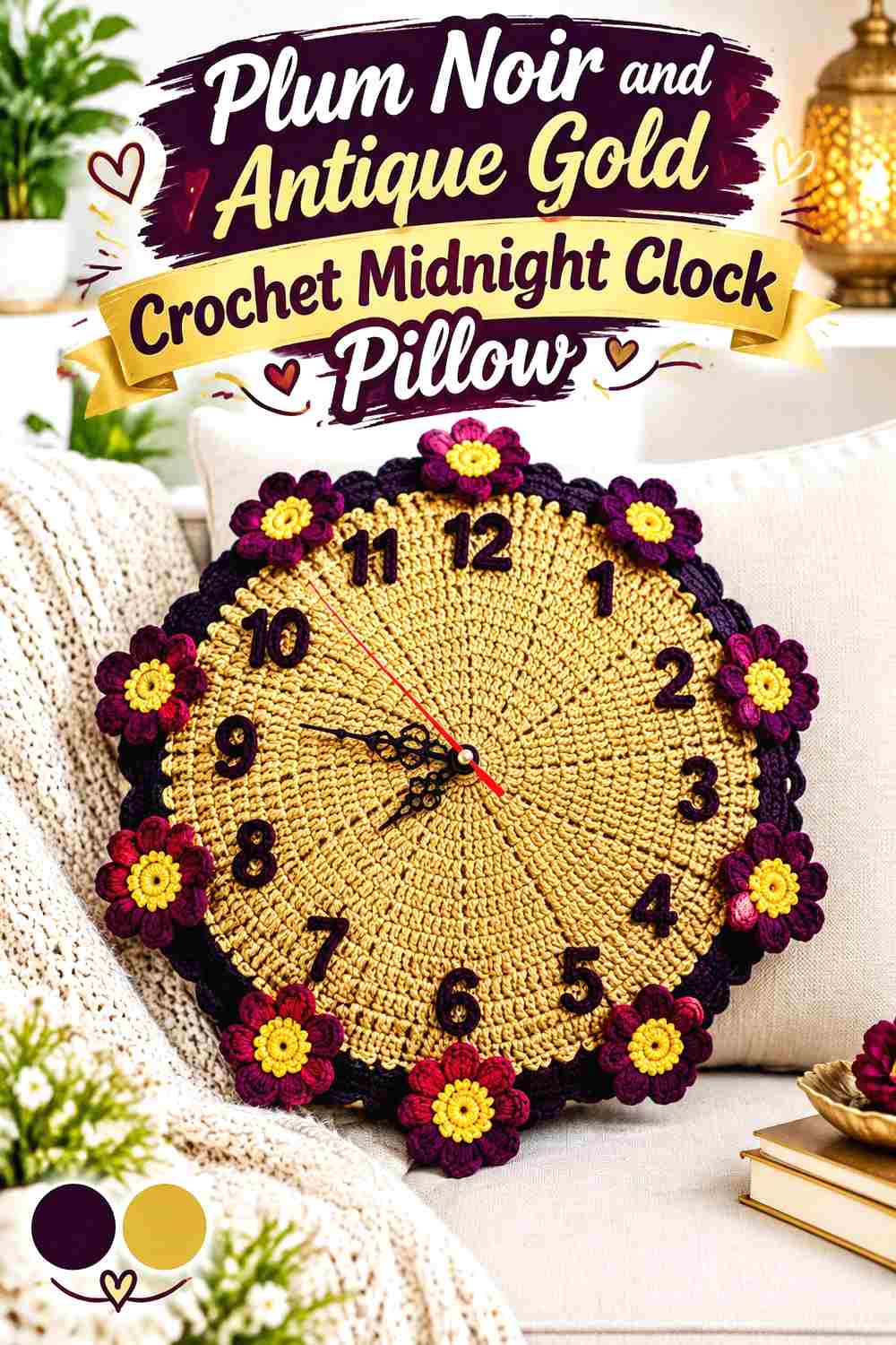 1. Plum Noir And Antique Gold Crochet Midnight Clock Pillow