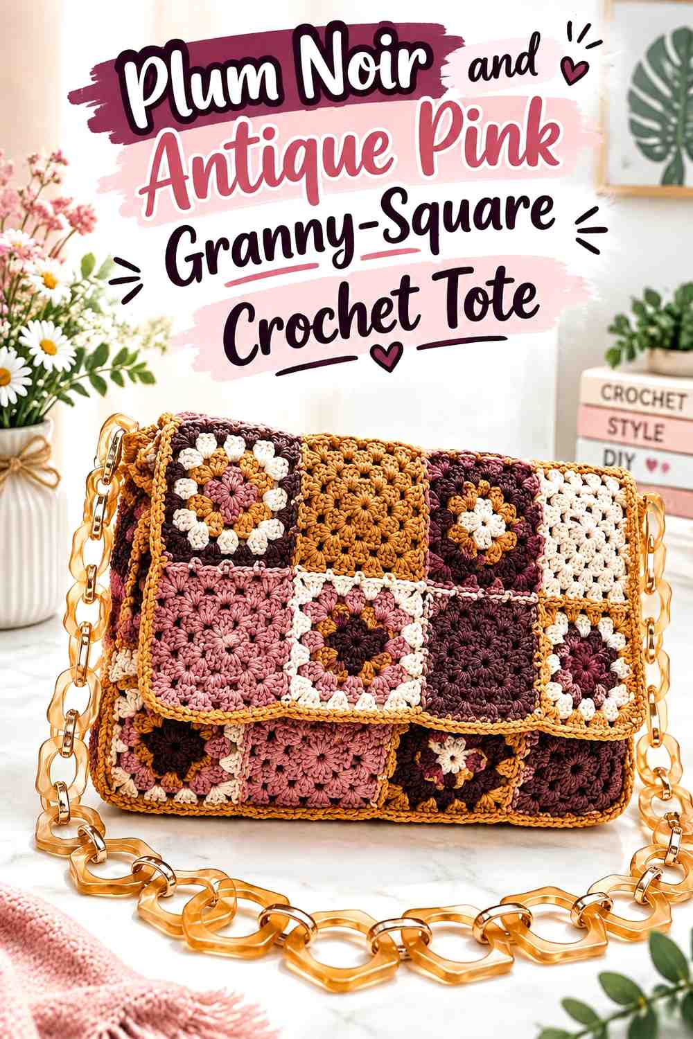 3. Plum Noir And Antique Pink Granny Square Crochet Tote