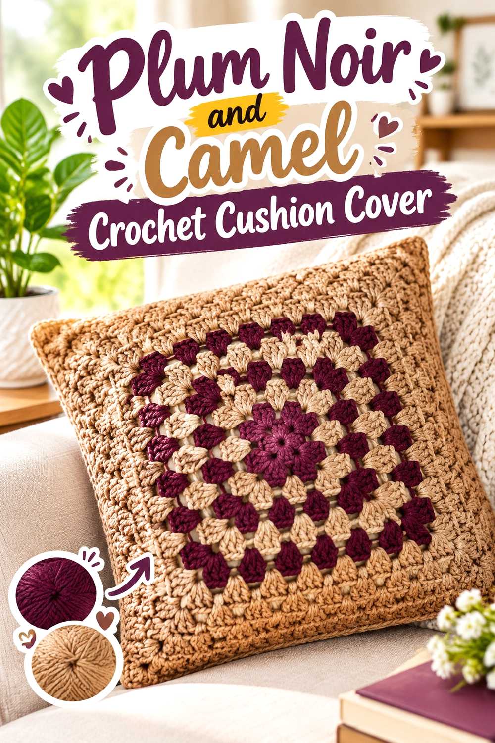 7. Plum Noir And Camel Crochet Cushion Cover