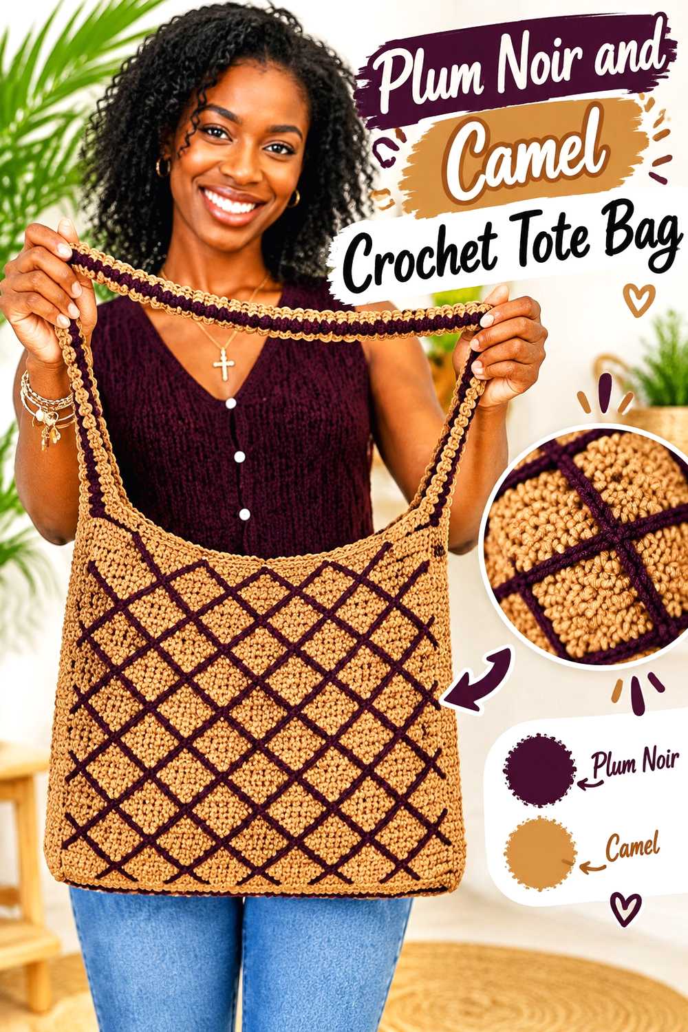 3. Plum Noir And Camel Crochet Tote Bag